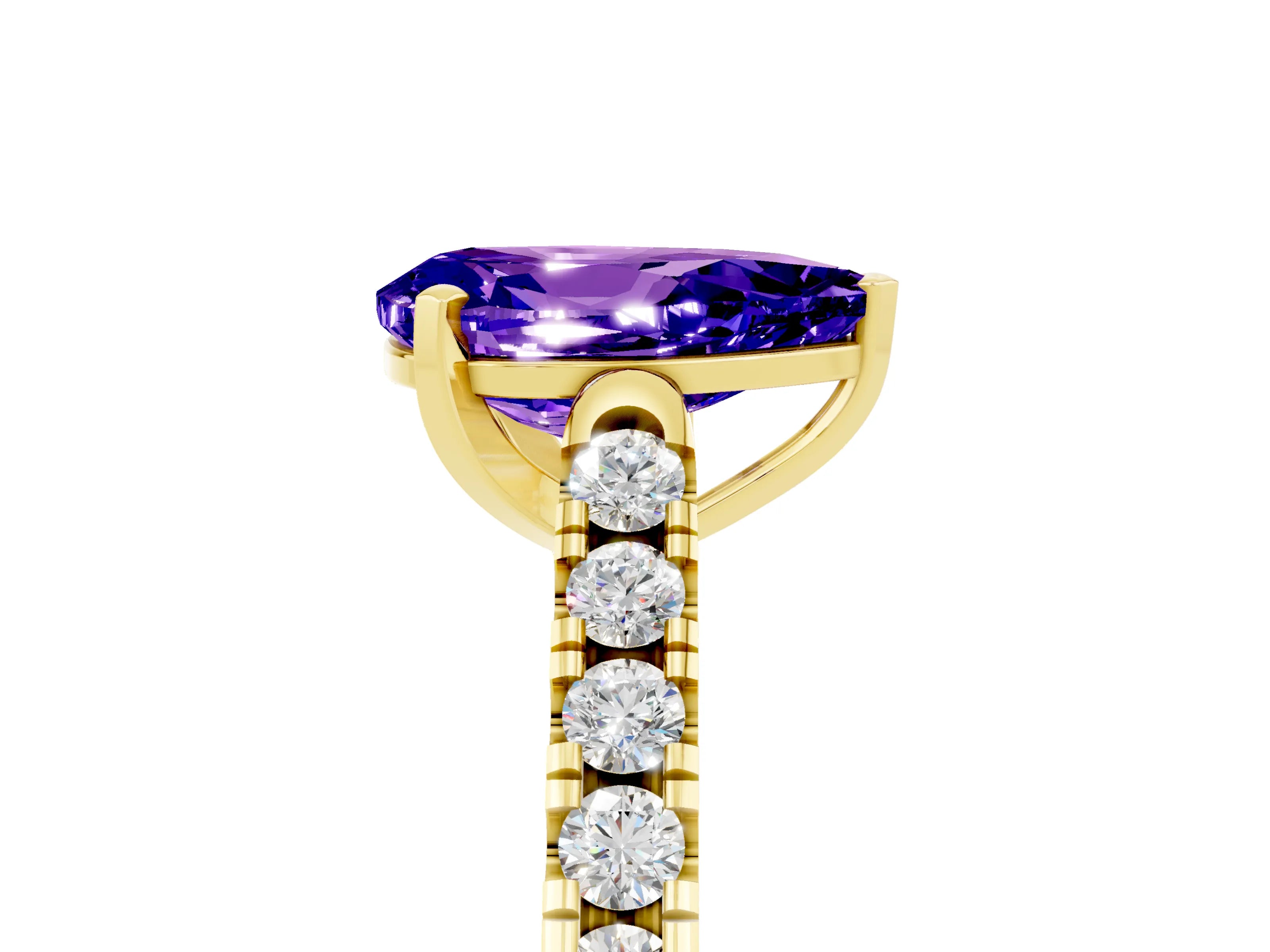Yellow gold {shape_name} Tanzanite Solitaire Ring with Pavé Band and Four-Prong Setting_5