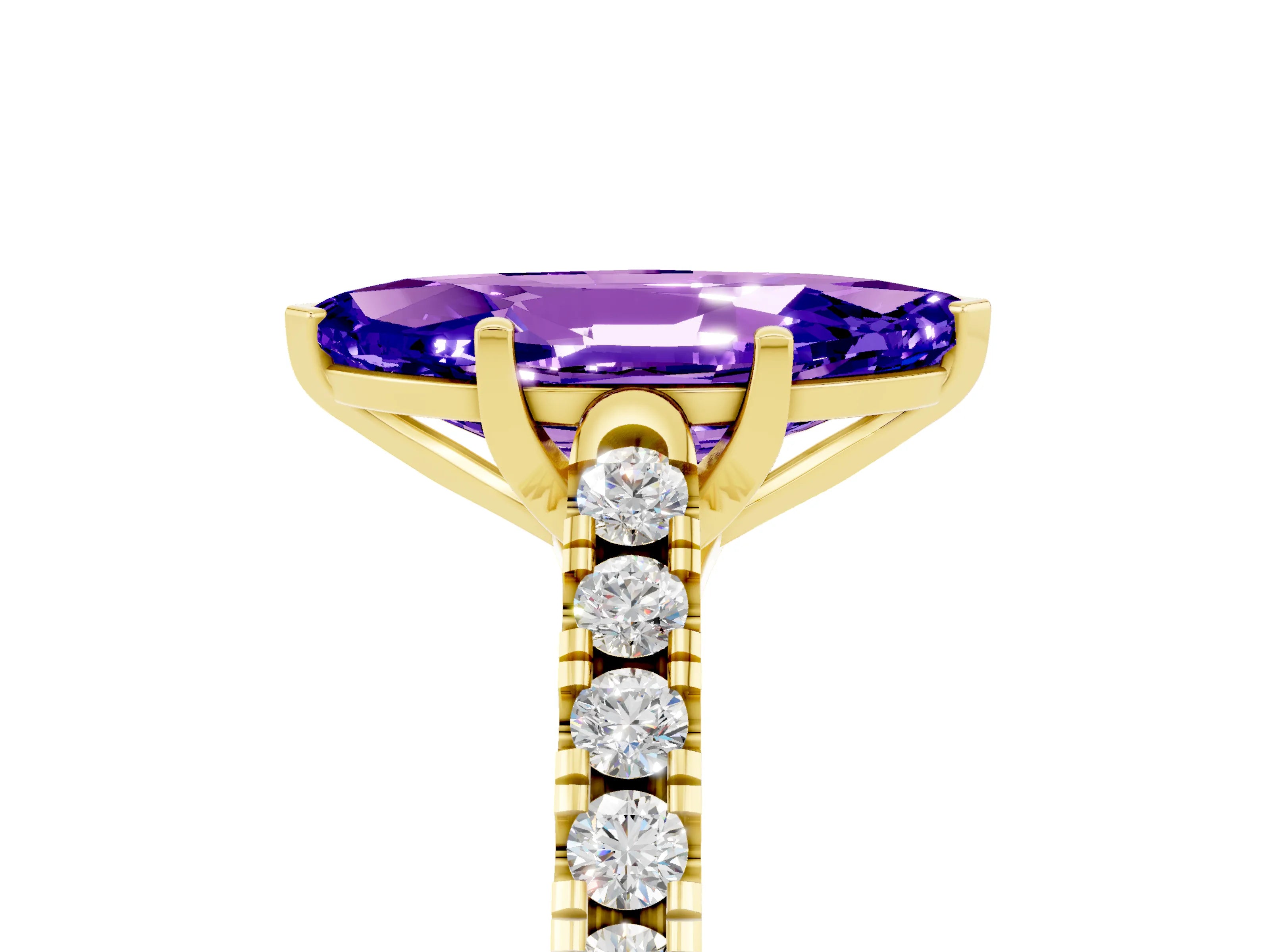 Yellow gold {shape_name} Tanzanite Solitaire Ring with Pavé Band and Four-Prong Setting_5