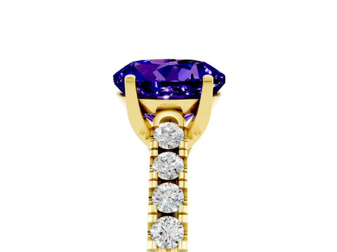 Yellow gold {shape_name} Tanzanite Solitaire Ring with Pavé Band and Four-Prong Setting_5