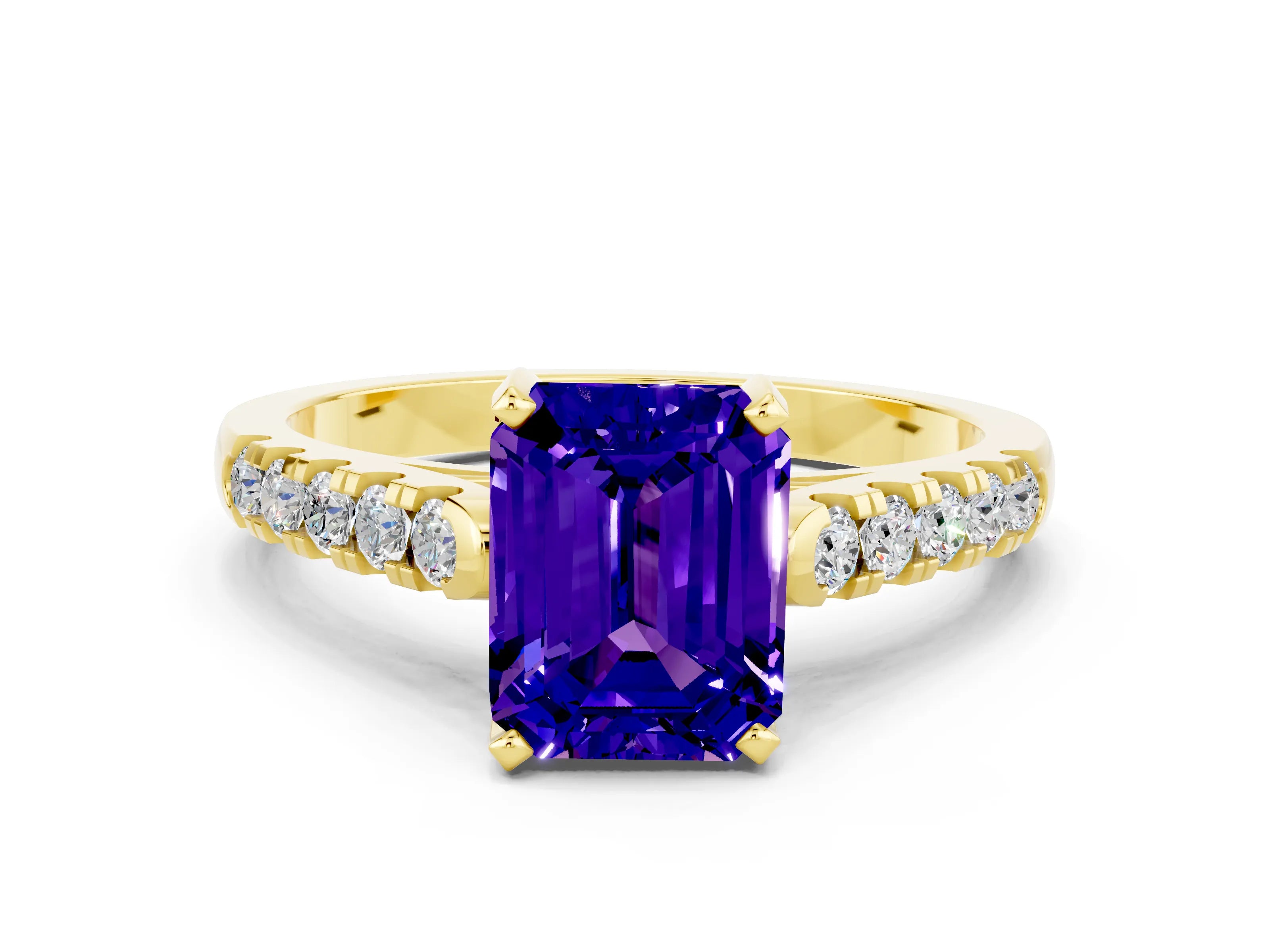 Yellow gold {shape_name} Tanzanite Solitaire Ring with Pavé Band and Four-Prong Setting