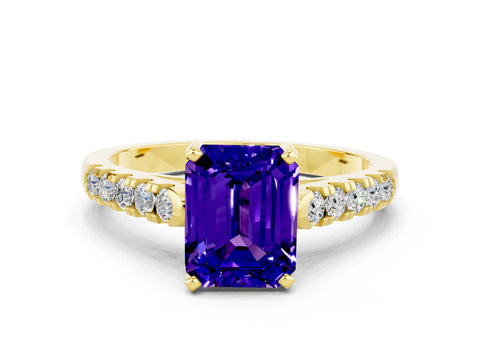 Yellow gold {shape_name} Tanzanite Solitaire Ring with Pavé Band and Four-Prong Setting