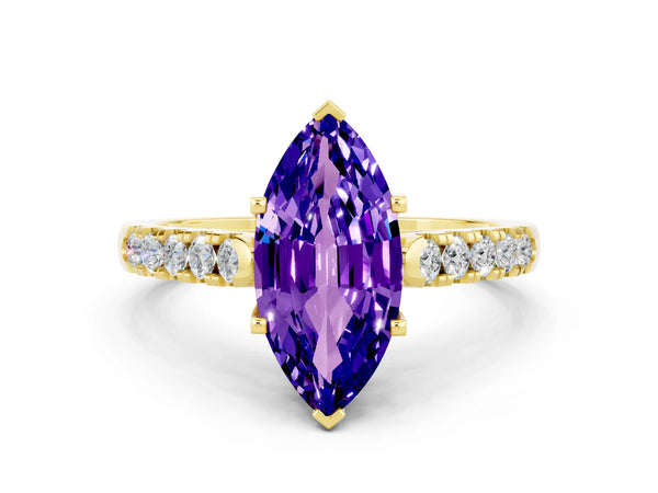 Yellow gold Marquise Cut Tanzanite Pavé Band Solitaire Ring with Prong Setting
