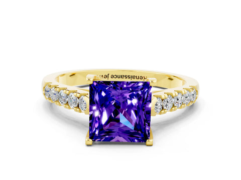 Yellow gold {shape_name} Tanzanite Solitaire Ring with Pavé Band and Four-Prong Setting