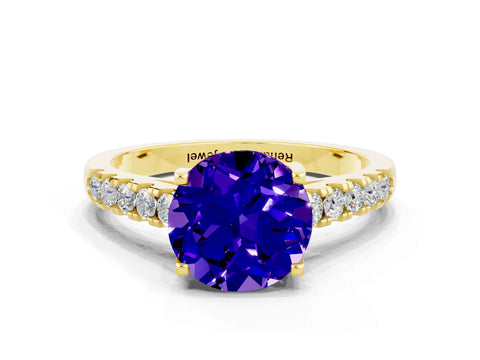Yellow gold {shape_name} Tanzanite Solitaire Ring with Pavé Band and Four-Prong Setting