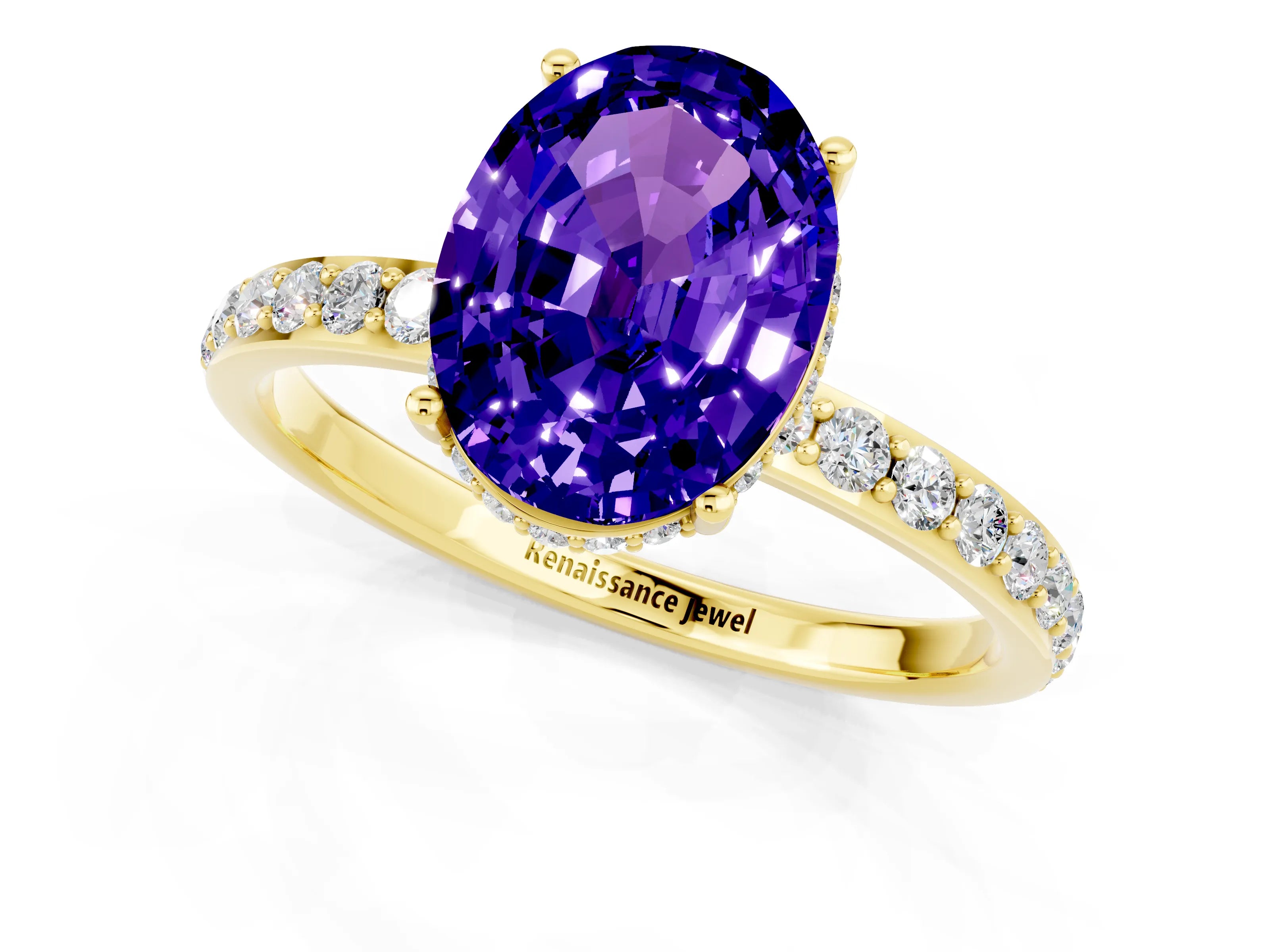 Yellow gold {shape_name} Tanzanite Solitaire Ring with Pavé Band and Hidden Halo_1
