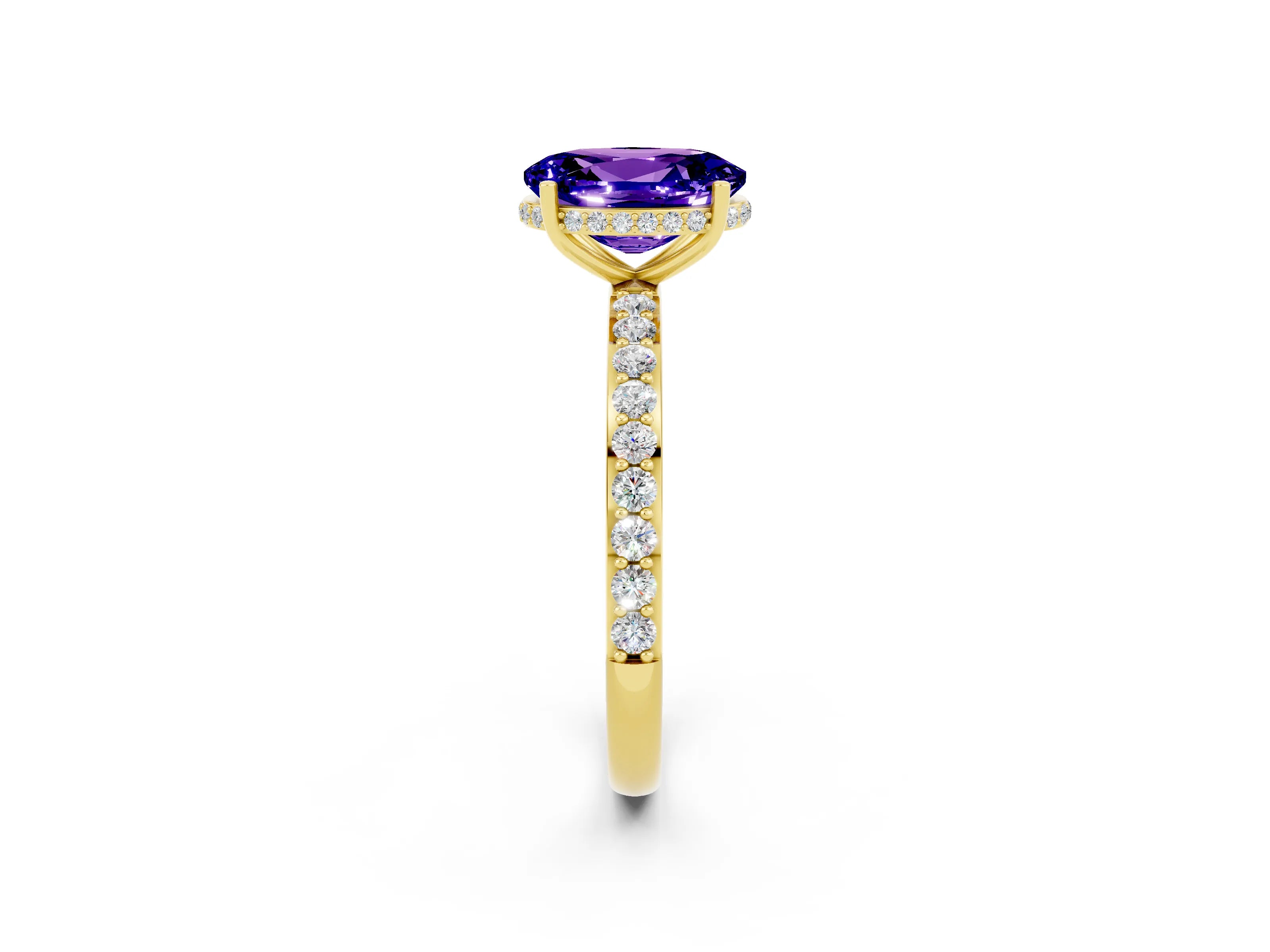 Yellow gold {shape_name} Tanzanite Solitaire Ring with Pavé Band and Hidden Halo_2