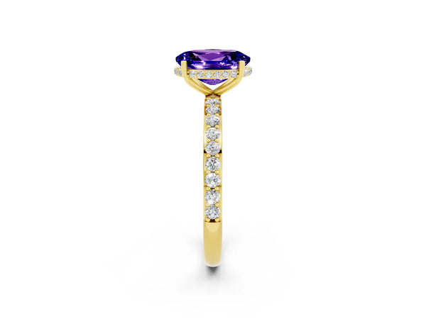 Yellow gold Oval Cut Tanzanite Solitaire Ring with Pavé Band and Hidden Halo
