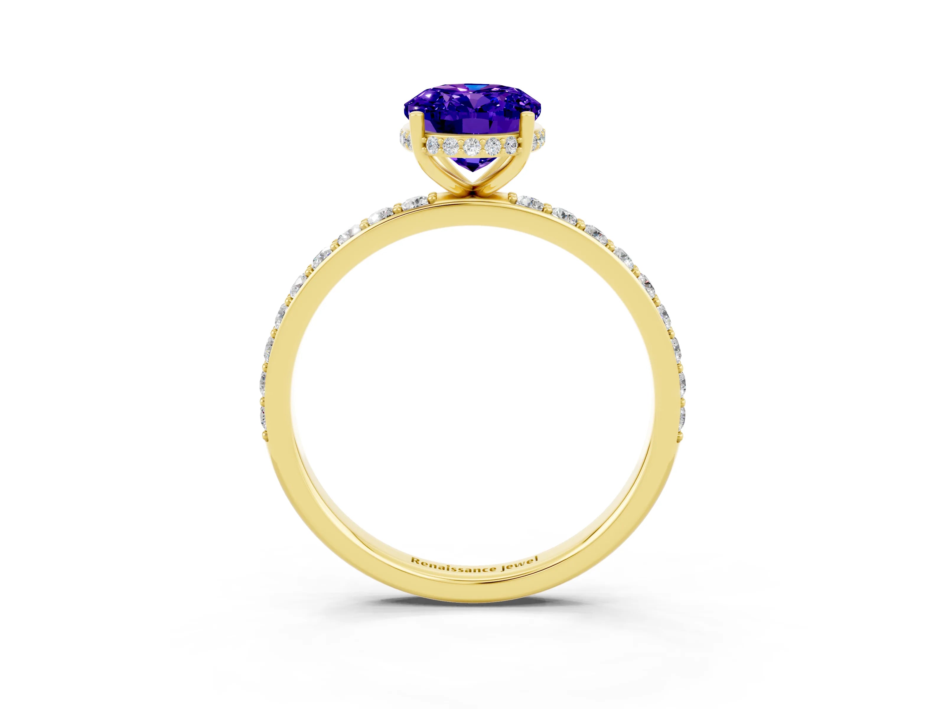 Yellow gold {shape_name} Tanzanite Solitaire Ring with Pavé Band and Hidden Halo_3