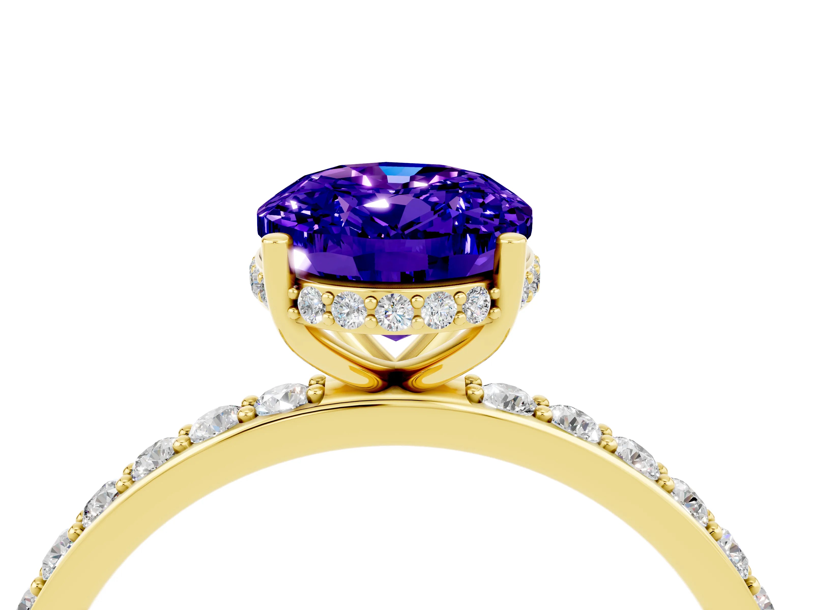 Yellow gold {shape_name} Tanzanite Solitaire Ring with Pavé Band and Hidden Halo_4