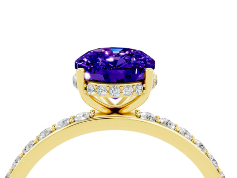 Yellow gold {shape_name} Tanzanite Solitaire Ring with Pavé Band and Hidden Halo_4