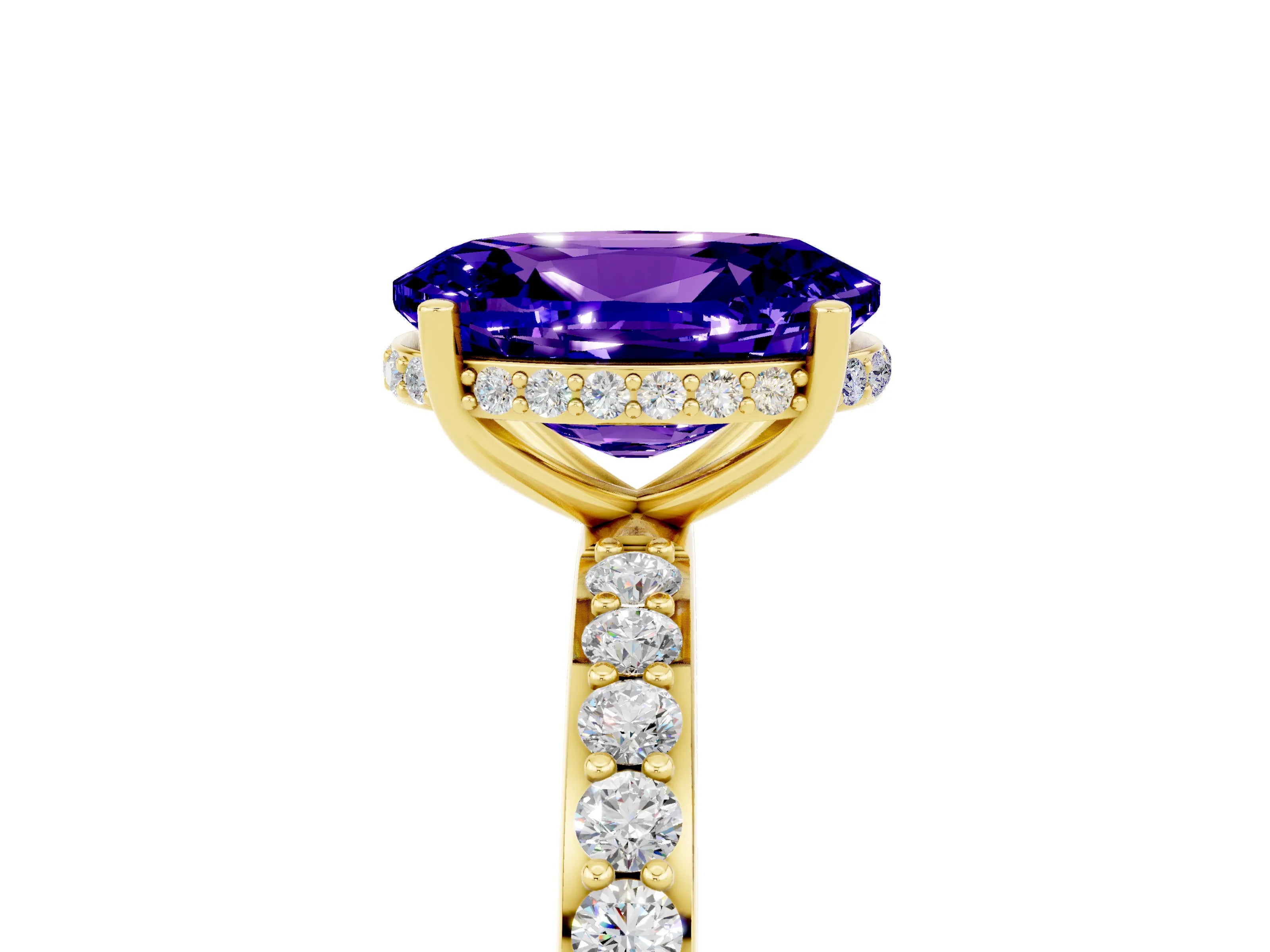 Yellow gold {shape_name} Tanzanite Solitaire Ring with Pavé Band and Hidden Halo_5