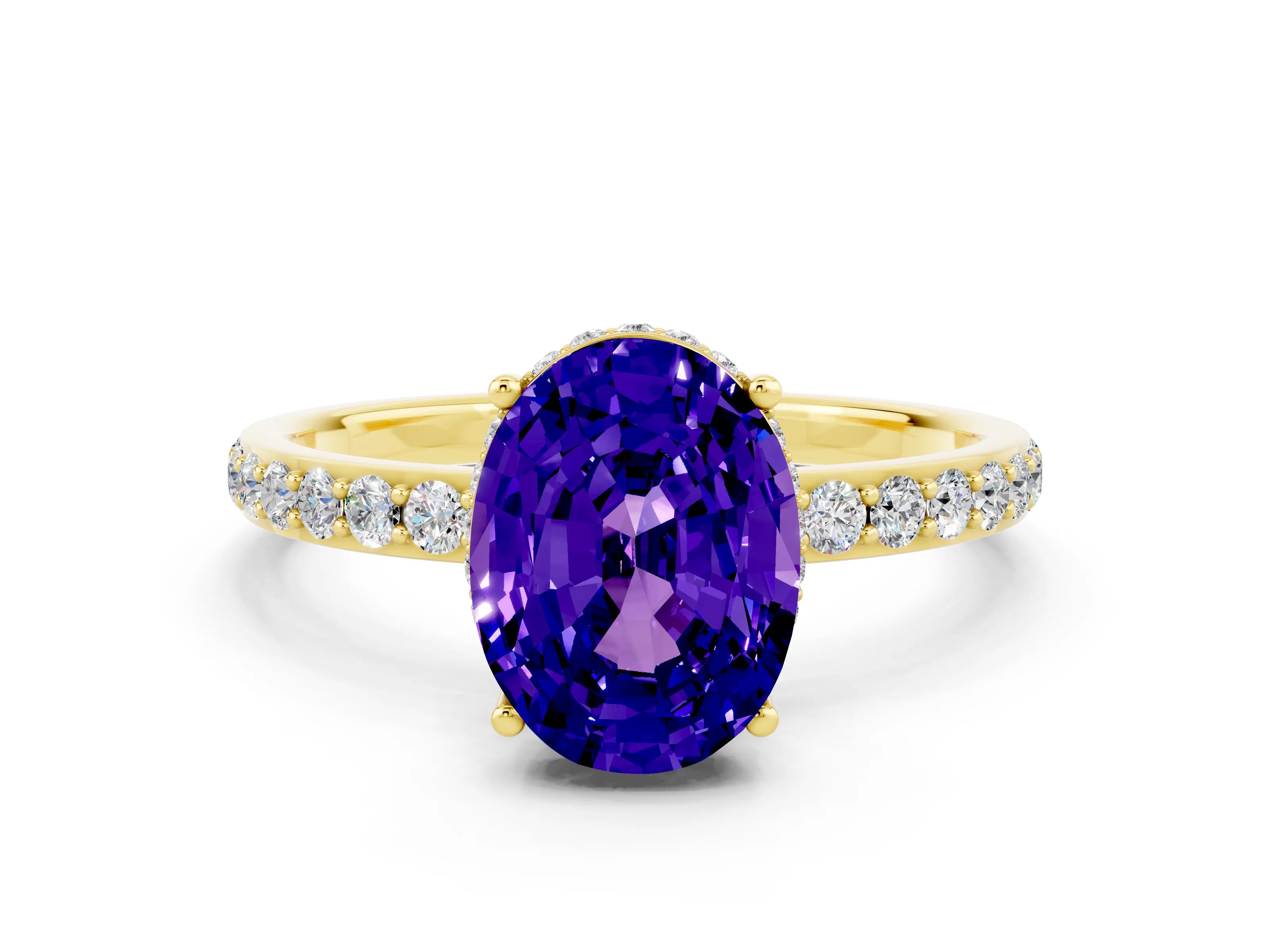 Yellow gold {shape_name} Tanzanite Solitaire Ring with Pavé Band and Hidden Halo