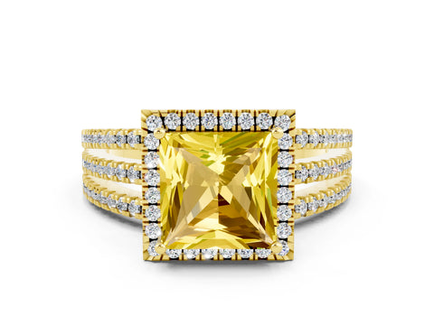 Yellow gold {shape_name} Yellow Sapphire Halo Engagement Ring with Split Shank and Four-Prong Setting