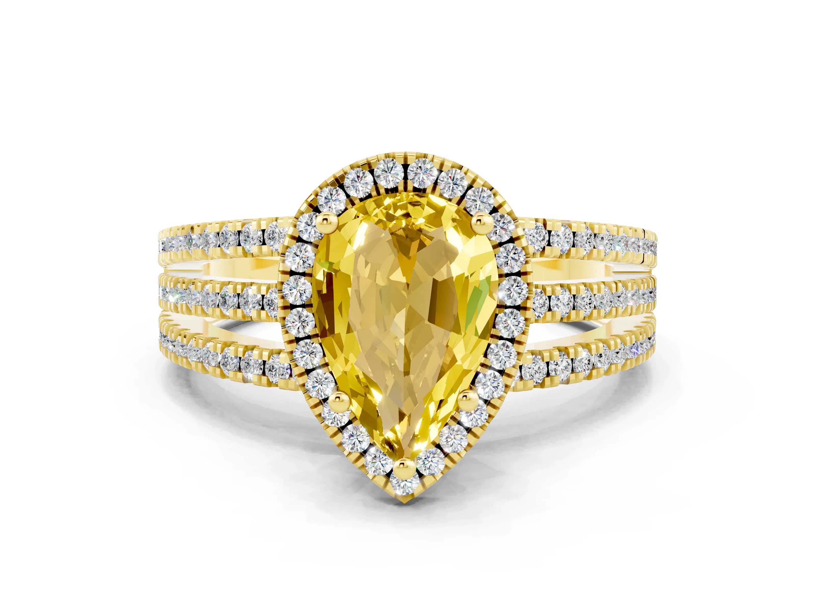Yellow gold {shape_name} Yellow Sapphire Halo Engagement Ring with Split Shank and Four-Prong Setting