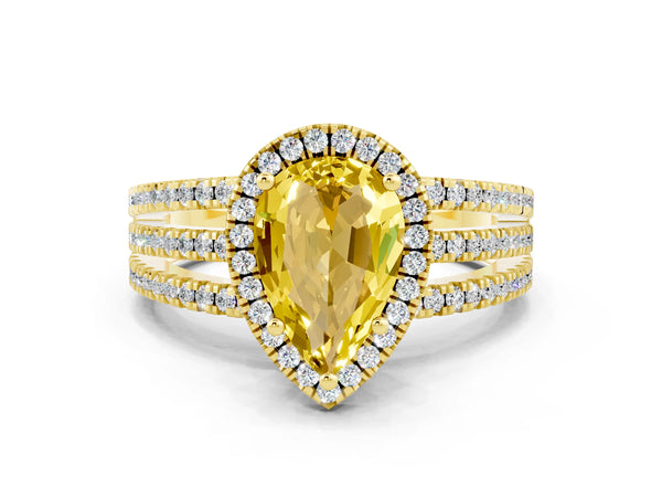 Yellow gold Pear Cut Yellow Sapphire Halo Engagement Ring with Split Shank and Four-Prong Setting