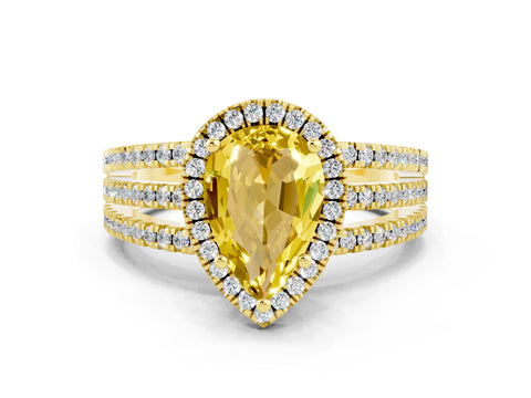 Yellow gold {shape_name} Yellow Sapphire Halo Engagement Ring with Split Shank and Four-Prong Setting