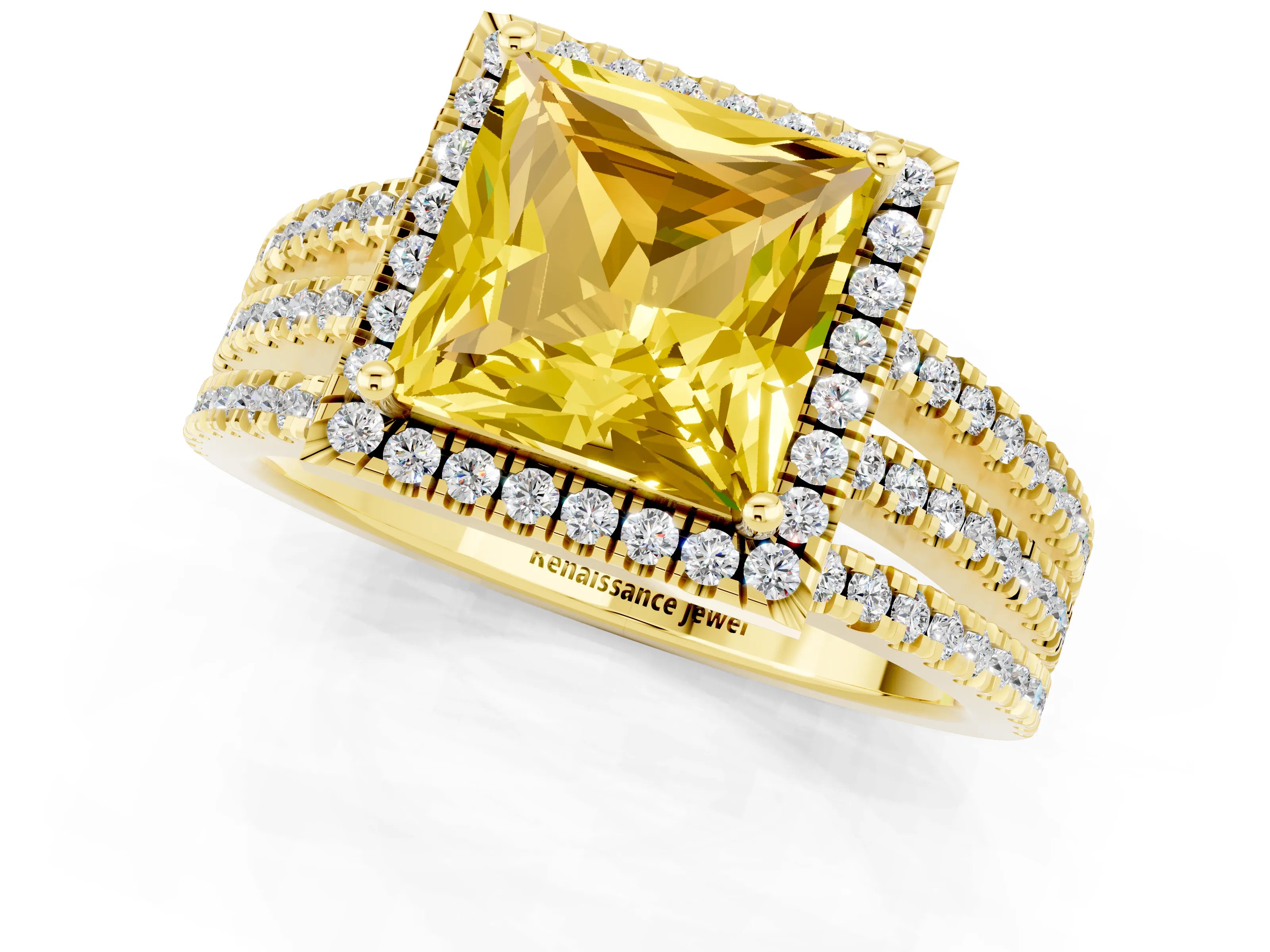 Yellow gold {shape_name} Yellow Sapphire Halo Engagement Ring with Split Shank and Four-Prong Setting_1