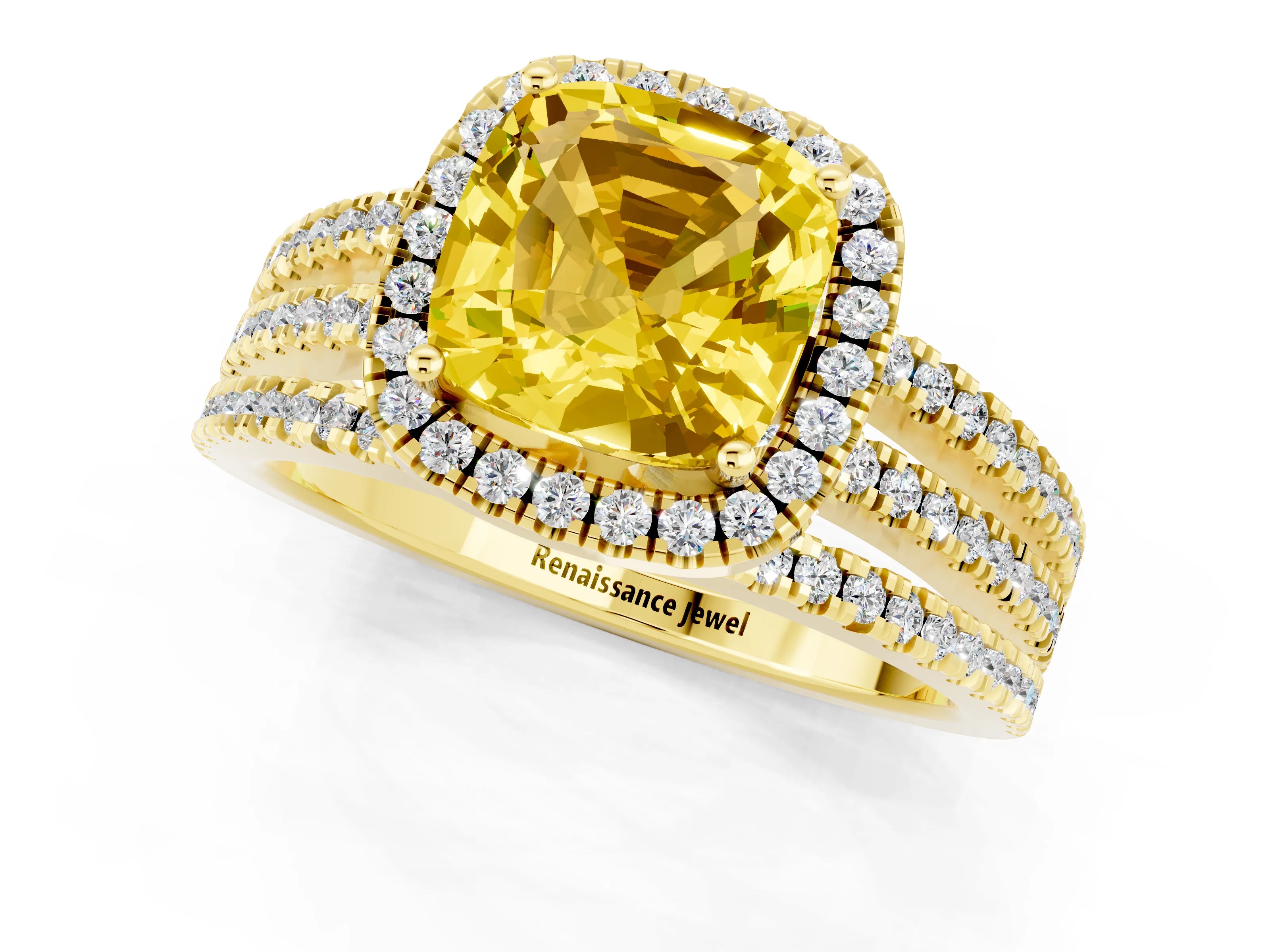 Yellow gold {shape_name} Yellow Sapphire Halo Engagement Ring with Split Shank and Four-Prong Setting_1