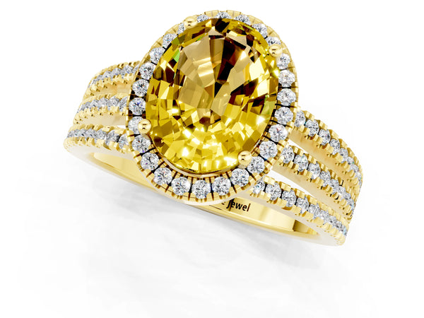 Yellow gold Oval Cut Yellow Sapphire Halo Engagement Ring with Split Shank and Four-Prong Setting
