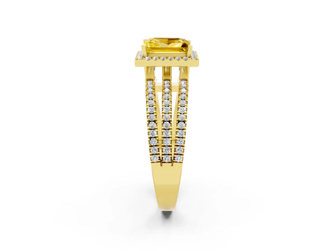 Yellow gold {shape_name} Yellow Sapphire Halo Engagement Ring with Split Shank and Four-Prong Setting_2