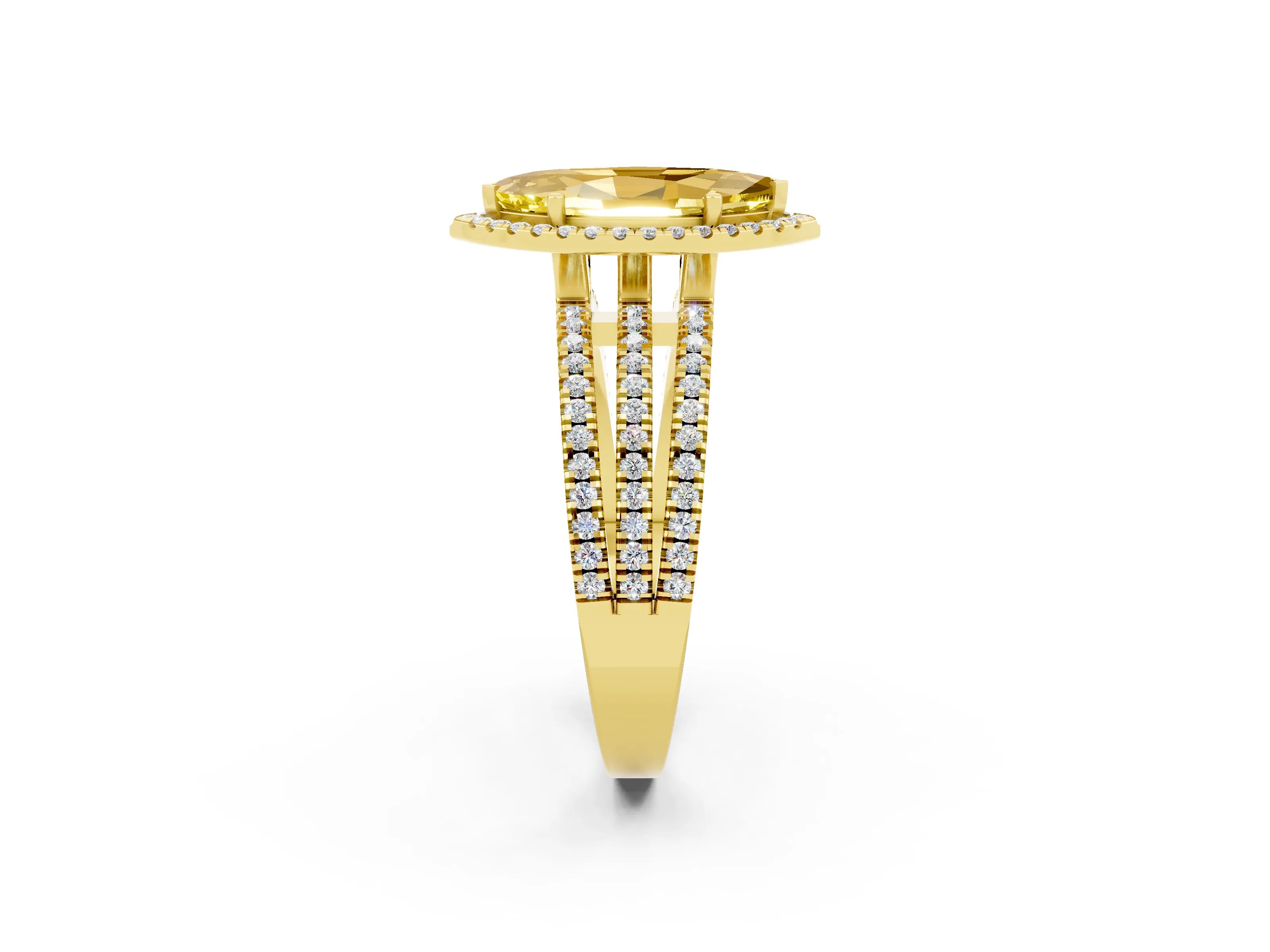 Yellow gold {shape_name} Yellow Sapphire Halo Engagement Ring with Split Shank and Four-Prong Setting_2