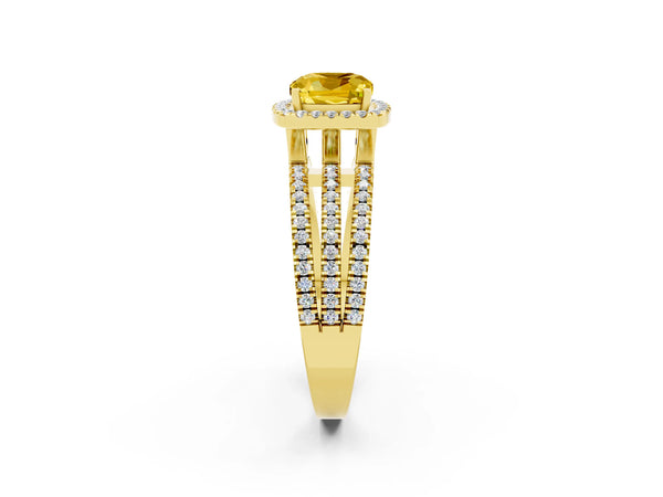 Yellow gold Cushion Cut Yellow Sapphire Halo Engagement Ring with Split Shank and Four-Prong Setting