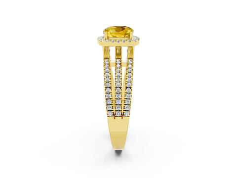 Yellow gold {shape_name} Yellow Sapphire Halo Engagement Ring with Split Shank and Four-Prong Setting_2