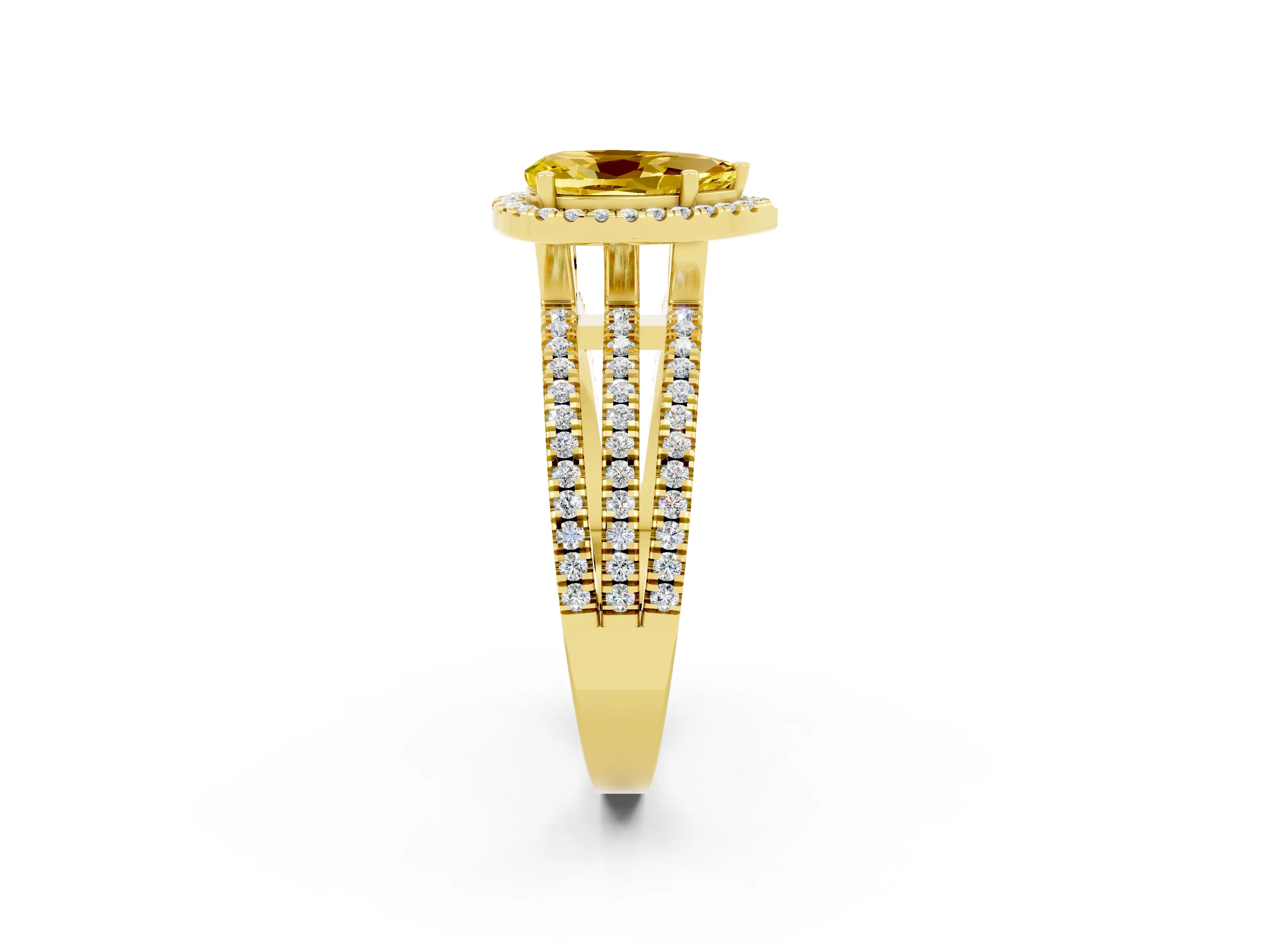 Yellow gold {shape_name} Yellow Sapphire Halo Engagement Ring with Split Shank and Four-Prong Setting_2