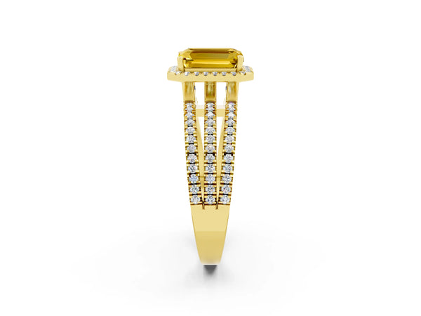 Yellow gold Emerald Cut Yellow Sapphire Halo Engagement Ring with Split Shank and Four-Prong Setting