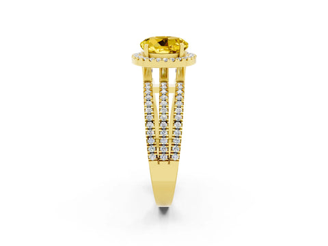Yellow gold {shape_name} Yellow Sapphire Halo Engagement Ring with Split Shank and Four-Prong Setting_2