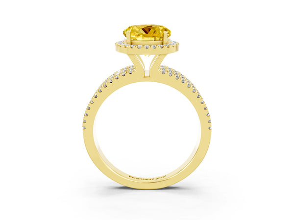 Yellow gold Round Cut Yellow Sapphire Halo Engagement Ring with Split Shank and Four-Prong Setting