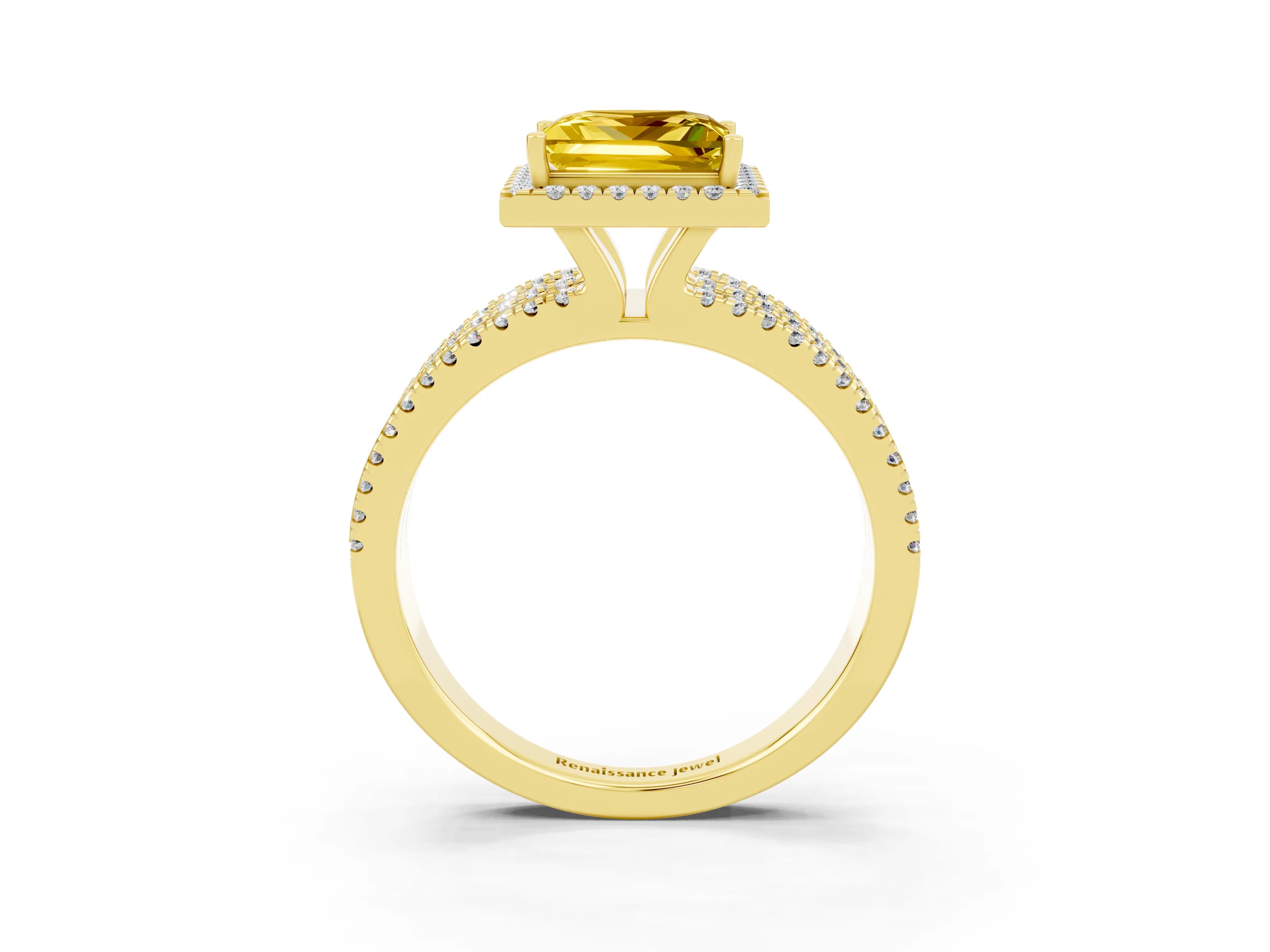 Yellow gold {shape_name} Yellow Sapphire Halo Engagement Ring with Split Shank and Four-Prong Setting_3