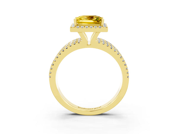 Yellow gold Princess Cut Yellow Sapphire Halo Engagement Ring with Split Shank and Four-Prong Setting
