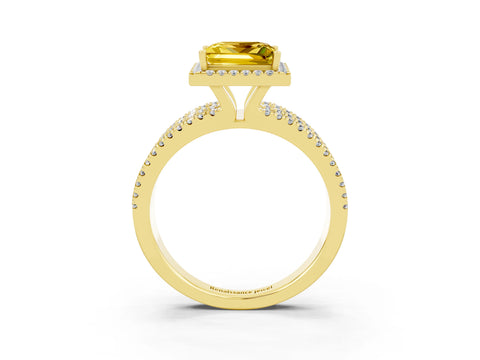 Yellow gold {shape_name} Yellow Sapphire Halo Engagement Ring with Split Shank and Four-Prong Setting_3