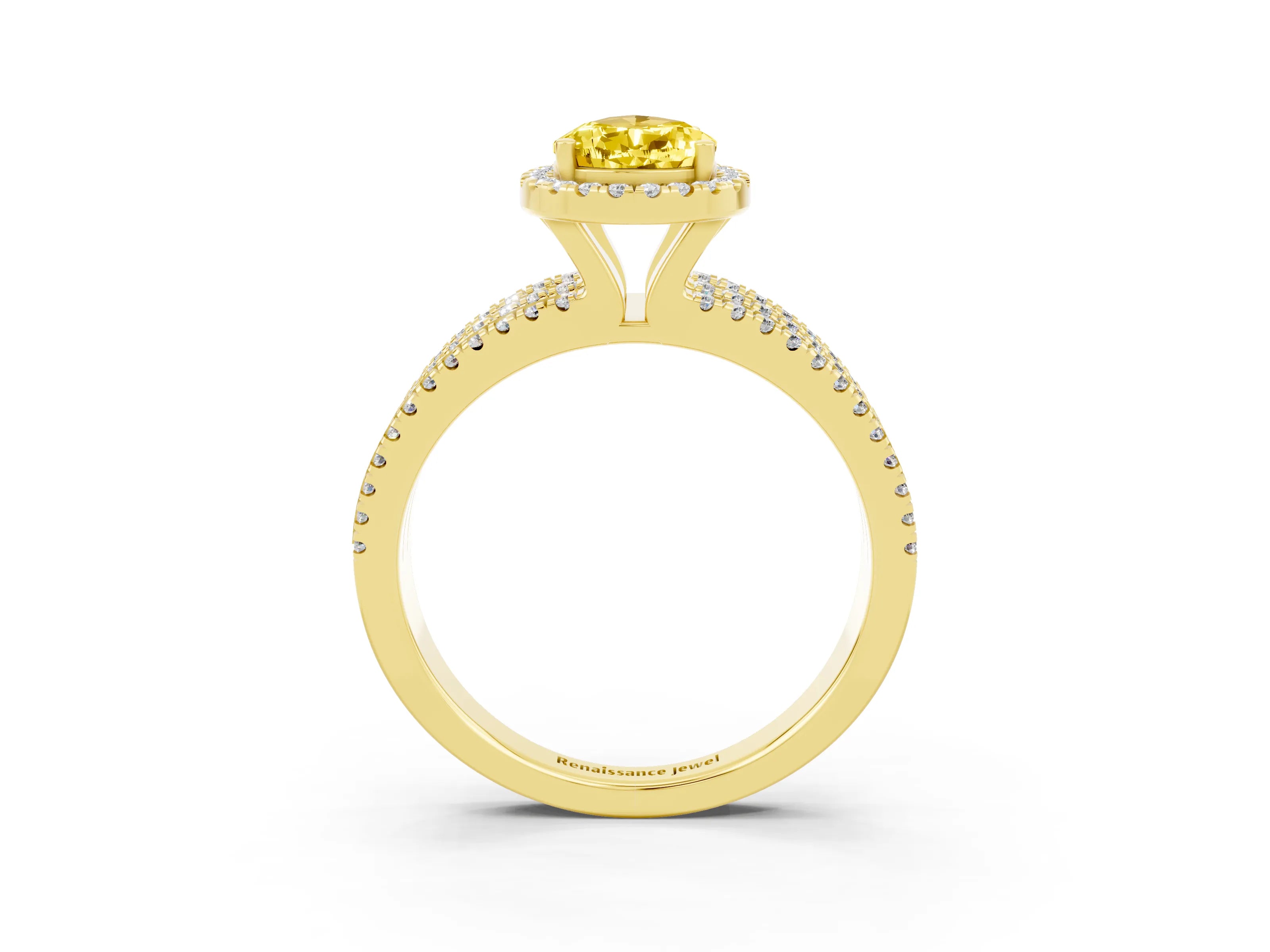Yellow gold {shape_name} Yellow Sapphire Halo Engagement Ring with Split Shank and Four-Prong Setting_3
