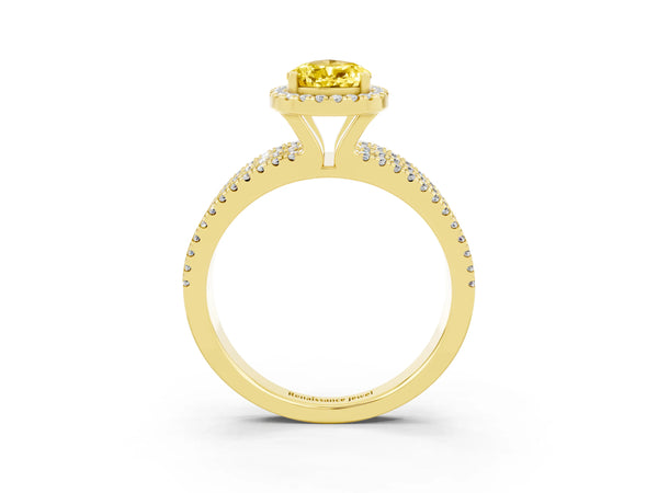 Yellow gold Pear Cut Yellow Sapphire Halo Engagement Ring with Split Shank and Four-Prong Setting