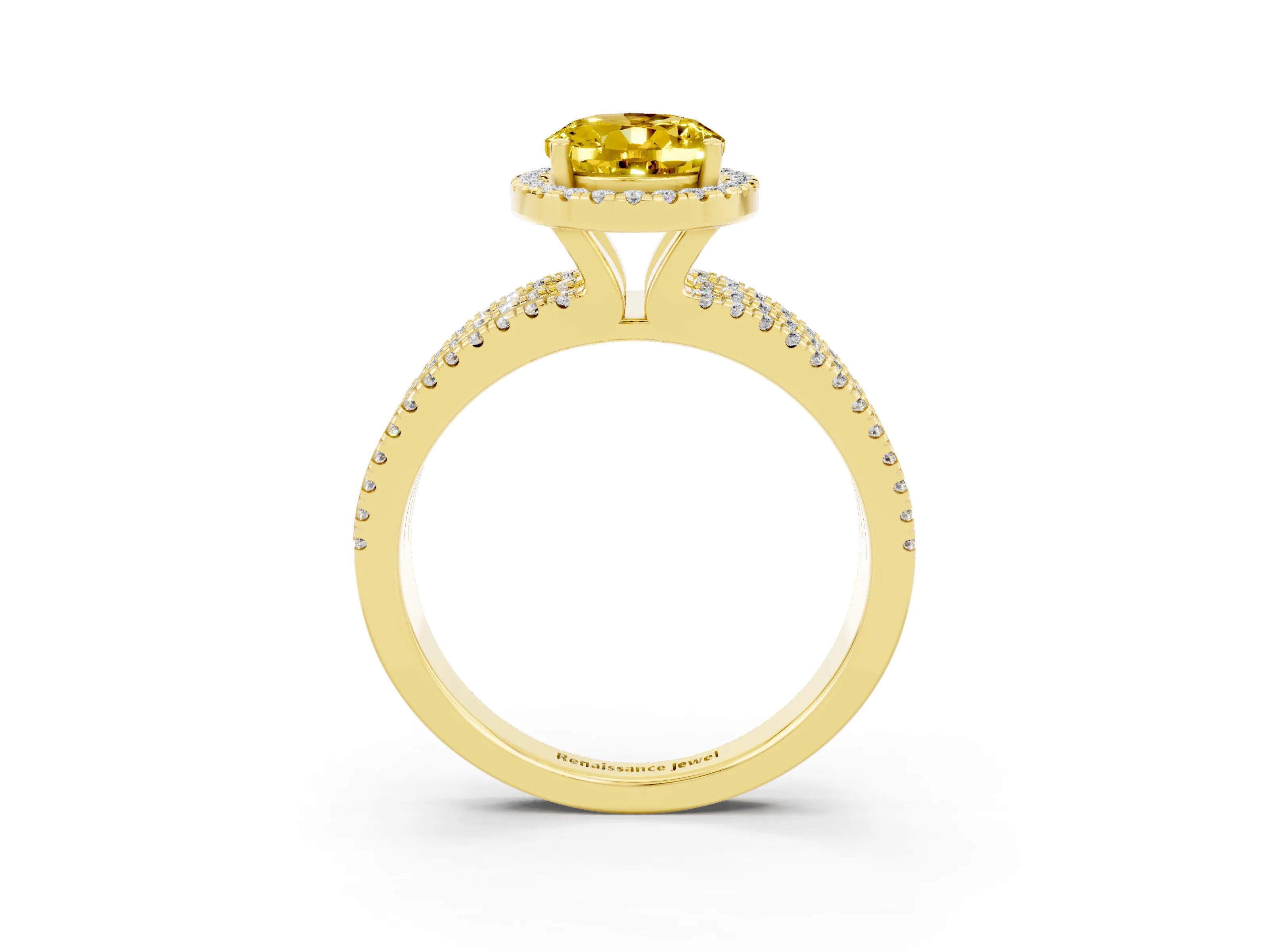 Yellow gold {shape_name} Yellow Sapphire Halo Engagement Ring with Split Shank and Four-Prong Setting_3