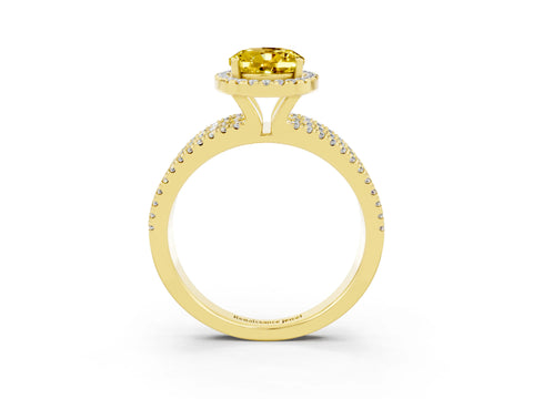 Yellow gold {shape_name} Yellow Sapphire Halo Engagement Ring with Split Shank and Four-Prong Setting_3