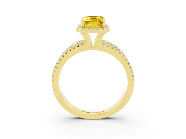 Yellow gold Emerald Cut Yellow Sapphire Halo Engagement Ring with Split Shank and Four-Prong Setting