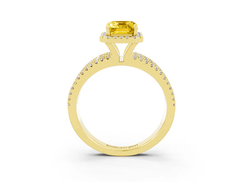 Yellow gold {shape_name} Yellow Sapphire Halo Engagement Ring with Split Shank and Four-Prong Setting_3