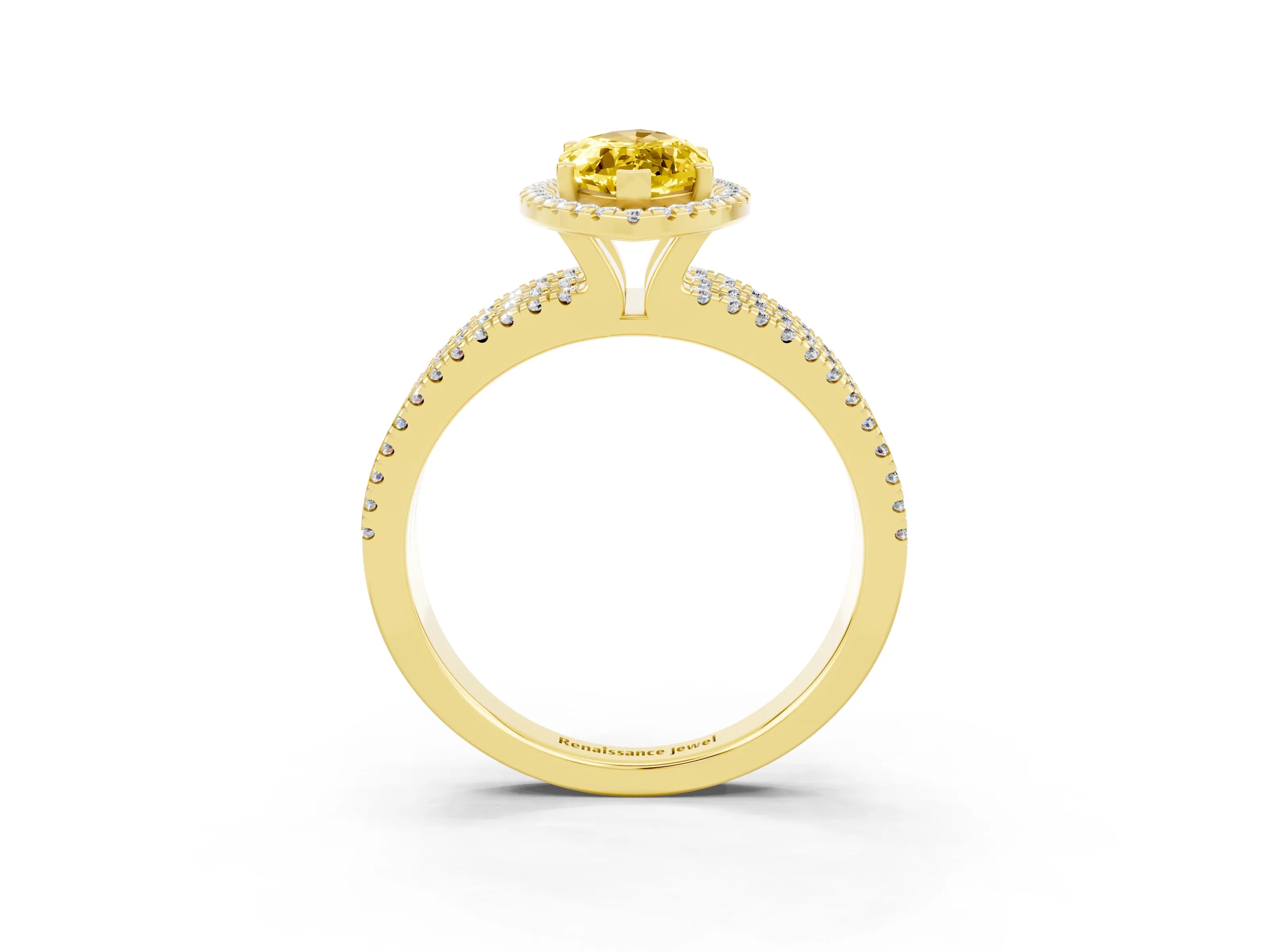 Yellow gold {shape_name} Yellow Sapphire Halo Engagement Ring with Split Shank and Four-Prong Setting_3