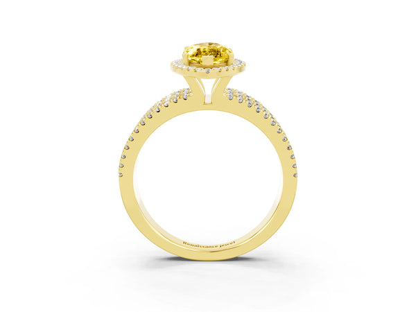Yellow gold Marquise Cut Yellow Sapphire Halo Engagement Ring with Split Shank and Four-Prong Setting