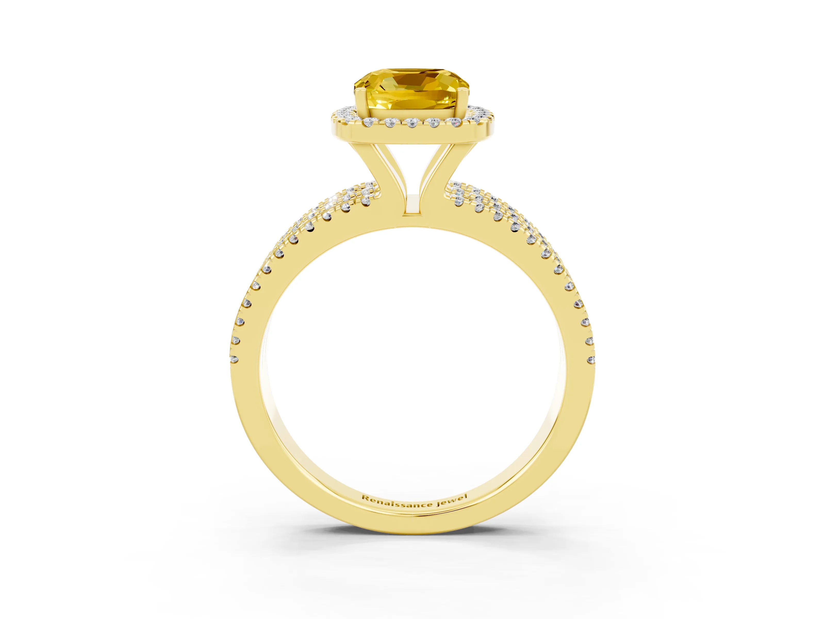 Yellow gold {shape_name} Yellow Sapphire Halo Engagement Ring with Split Shank and Four-Prong Setting_3