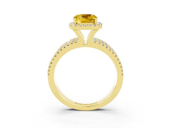 Yellow gold Cushion Cut Yellow Sapphire Halo Engagement Ring with Split Shank and Four-Prong Setting