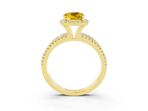 Yellow gold {shape_name} Yellow Sapphire Halo Engagement Ring with Split Shank and Four-Prong Setting_3