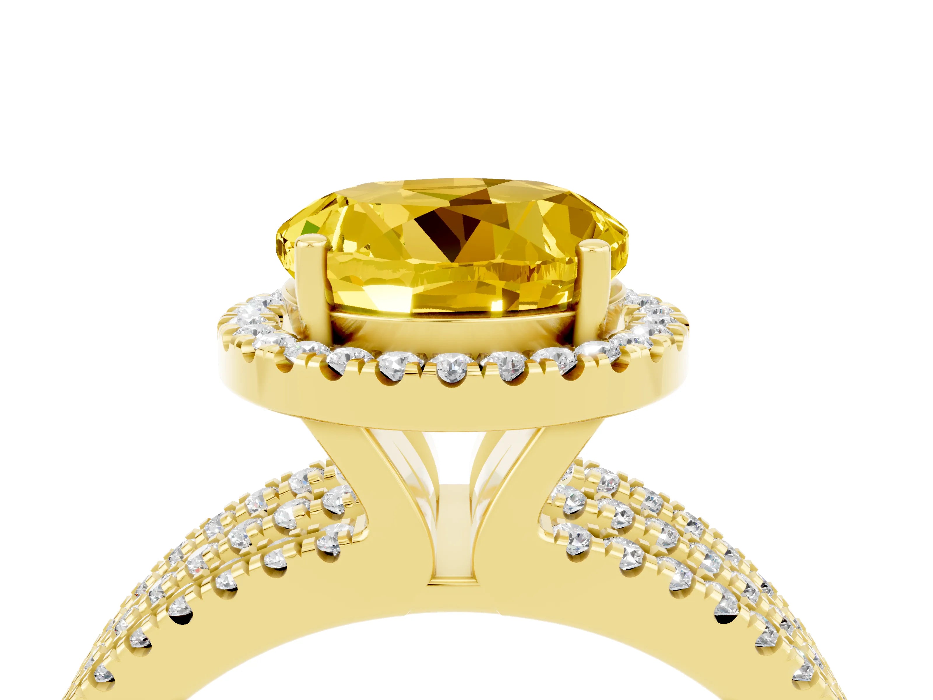 Yellow gold {shape_name} Yellow Sapphire Halo Engagement Ring with Split Shank and Four-Prong Setting_4