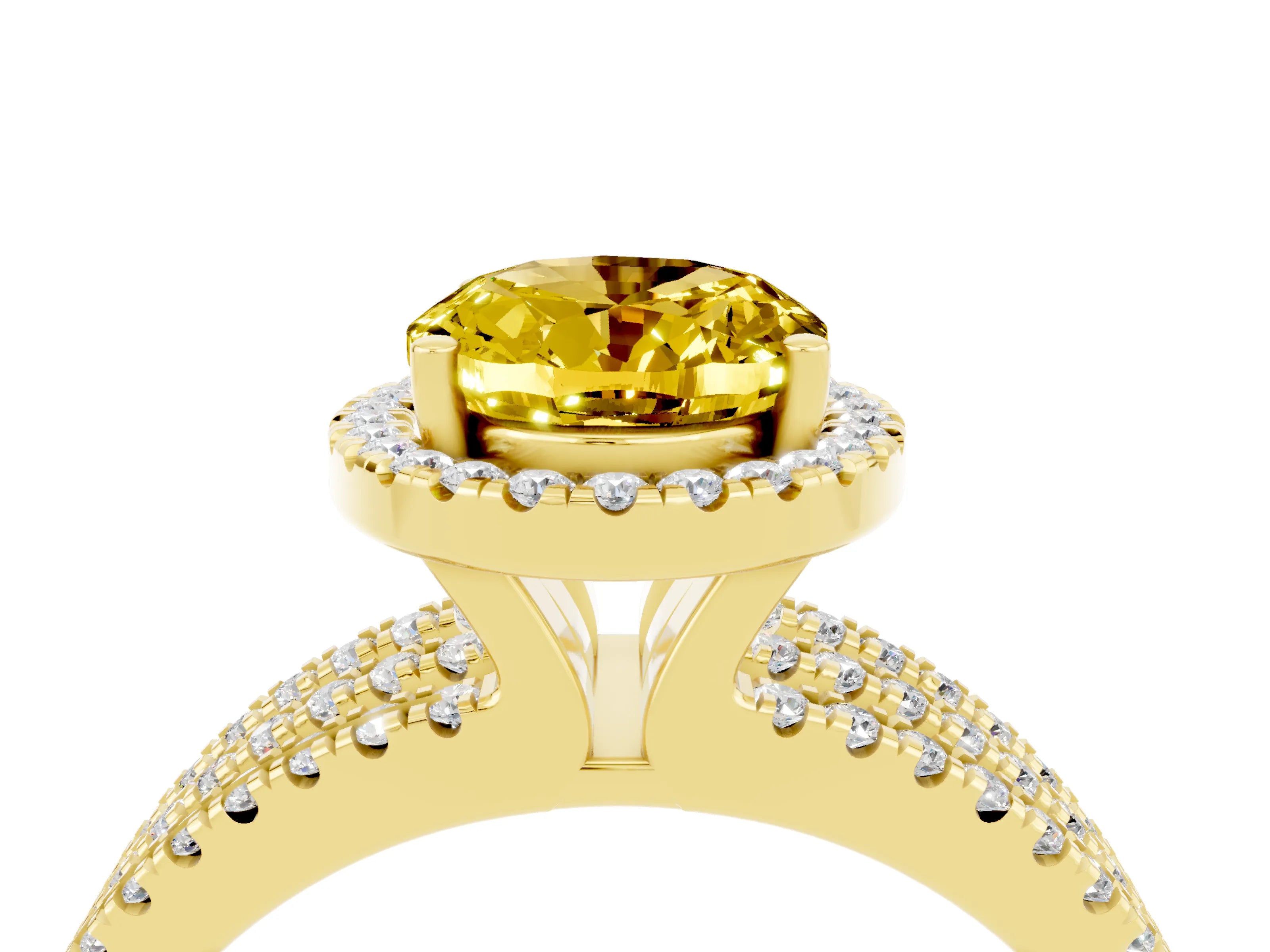 Yellow gold {shape_name} Yellow Sapphire Halo Engagement Ring with Split Shank and Four-Prong Setting_4