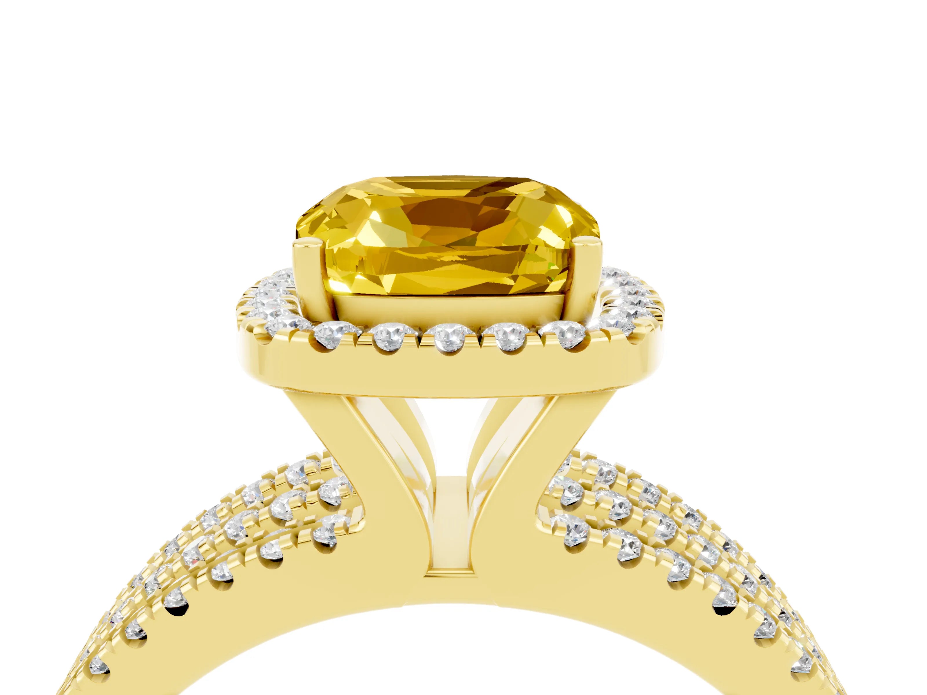 Yellow gold {shape_name} Yellow Sapphire Halo Engagement Ring with Split Shank and Four-Prong Setting_4