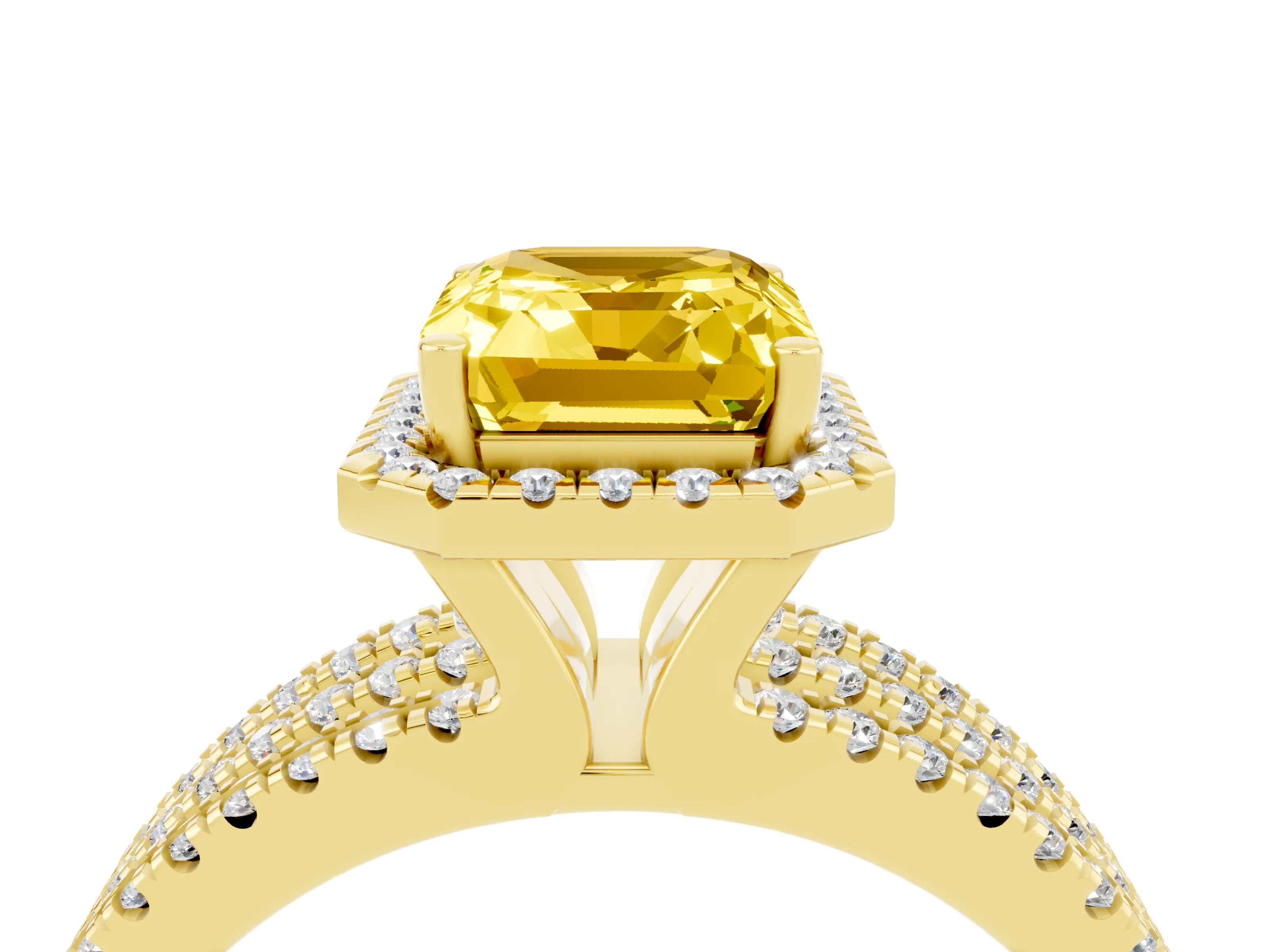 Yellow gold {shape_name} Yellow Sapphire Halo Engagement Ring with Split Shank and Four-Prong Setting_4