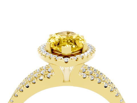 Yellow gold {shape_name} Yellow Sapphire Halo Engagement Ring with Split Shank and Four-Prong Setting_4